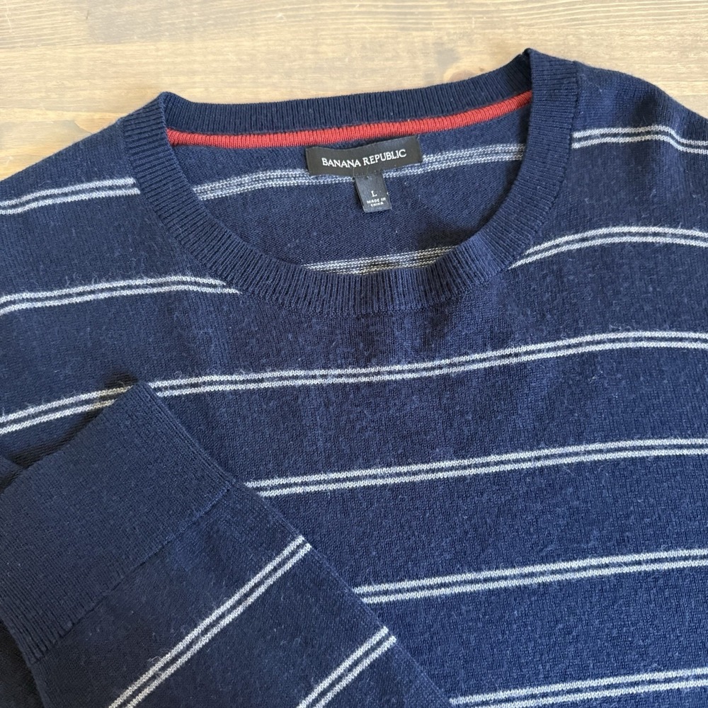 J. Crew Men's Large Navy Blue Grey Stripe Merino Wool Blend Long Sleeve Sweater